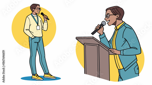 Confident Speaker Presenting at Podium and Casual Man Holding Microphone for Public Address or Conference Event