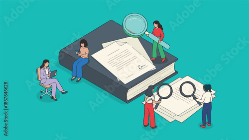 Women conducting business research and data analysis with magnifying glasses