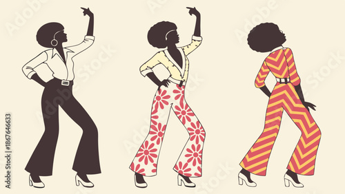 Disco Fever Silhouette Women Dancing in Flared Pants for 1970s Retro Party Event Promotion or Fashion Web Design
