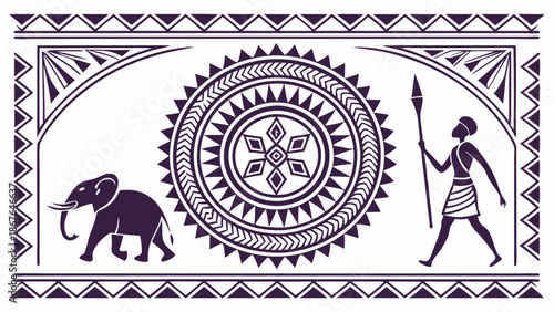 African Tribal Art Elephant Hunter Motif for Travel Safari Culture Website Design or Ethnic Product Packaging