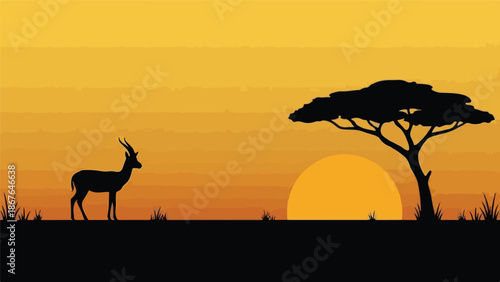 African Sunset with Gazelle and Acacia Tree Silhouettes on Savanna