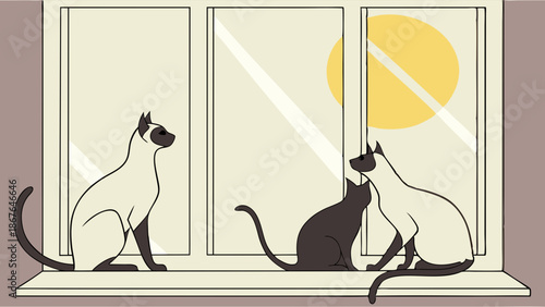 Three Siamese and Black Cats Relaxing on Sunny Window Ledge for Pet Care Websites and Home Decor Designs