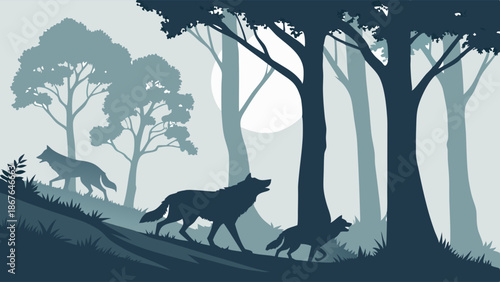 Wolf Pack Journey Through Misty Forest Silhouette for Wildlife Documentary or Nature Themed Web Design Background