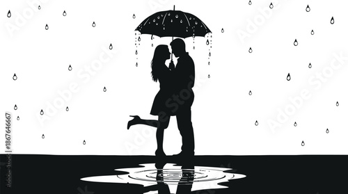Romantic valentine's day silhouette of loving couple kissing under umbrella on rainy day