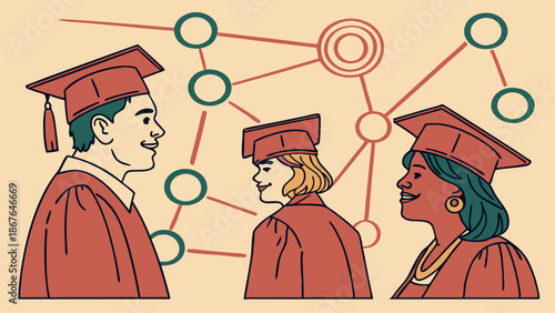 Graduating Students Connecting in Network Diagram for Alumni Career Mentorship and Academic Success Planning