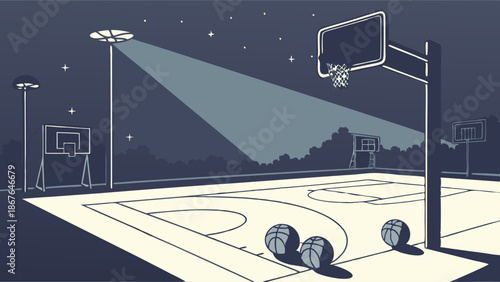 Nighttime Basketball Court Practice Under Bright Stadium Lights For Sports Training And Athletic Motivation