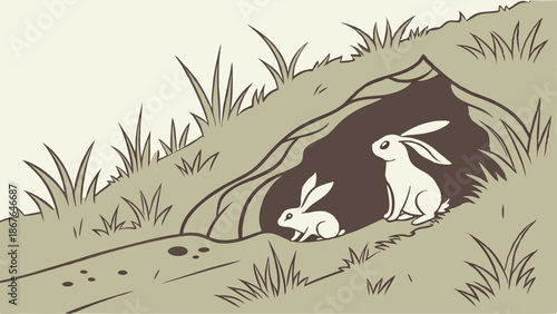 Two Rabbits Peeking From Cozy Burrow Entrance for Wildlife Nature Website Design or Children's Story Illustration