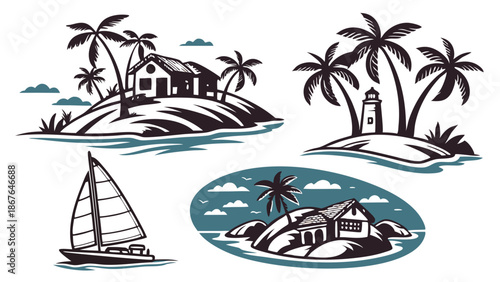 Tropical Island Vacation Icons Set Sailing Yacht Beach Hut Lighthouse for Travel Tourism Resort Web Design Summer Adventure Graphics