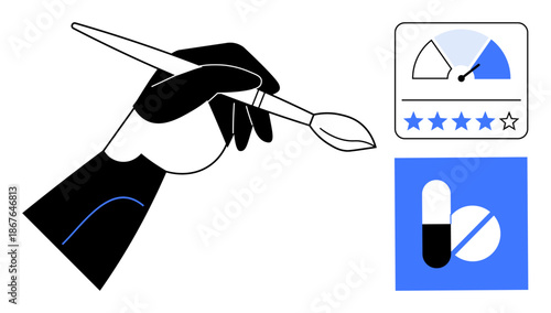 Art and creativity merge with feedback and healthcare. A hand holds a paintbrush, a rating scale highlights user feedback, and healthcare symbols explore modern design. Perfect for creativity