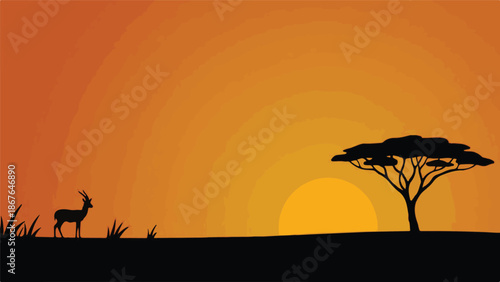 Minimalist African savanna sunset with gazelle and acacia tree silhouettes