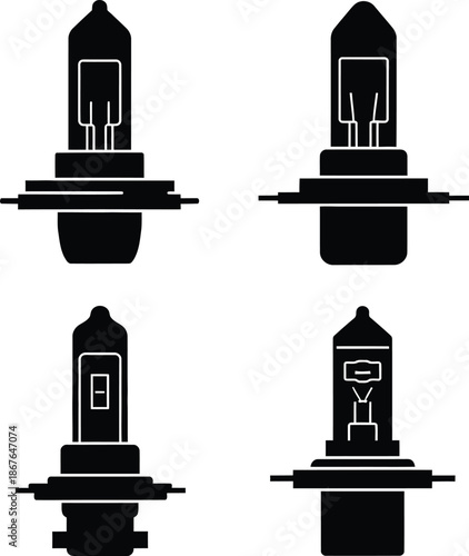 Tableau sur toile Halogen car headlight bulb set icon silhouettes including h1 h4 h7 and h11 types for automotive repair and maintenance