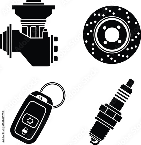 Collection of motorcycle racing and repair icons including a helmet tire spark plug and wrench tool on white background.