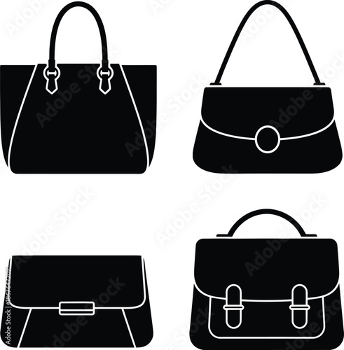 Set of women handbag icons including tote shoulder bag clutch and satchel silhouette vector on white background.