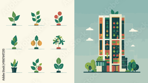 Sustainable urban architecture featuring vertical garden skyscraper and set of minimalist botanical plant icons for eco-friendly branding