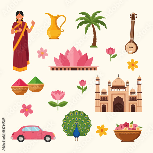 Set of Indian Culture and Heritage Icons with Taj Mahal Peacock and Traditional Woman Vector