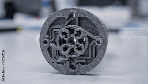 Closeup medium shot of a 3Dprinted trilobal spinneret prototype showcasing intricate custom plate details for creating innovative filament crosssections.