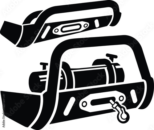 Set of heavy duty off road vehicle bumpers with winch and bull bar vector illustration isolated on white.