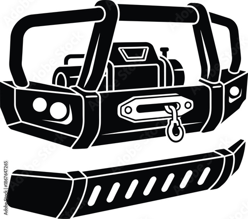 Heavy duty off road truck front and rear bumper with winch vector illustration isolated on white.