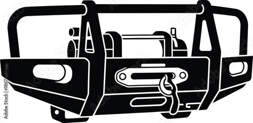 Heavy duty off road vehicle bumper with winch and bull bar silhouette vector illustration isolated on white.
