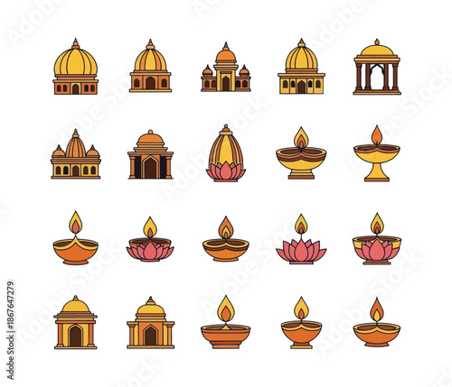 Set of Indian Temple Icons and Traditional Diya Lamps with Decorative Floral Details Vector.