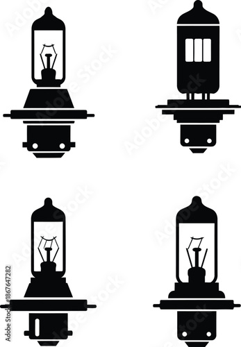 Automotive light bulb silhouette icon set vector illustration car headlight halogen lamp collection isolated on white background auto spare parts design element for repair shop logo.