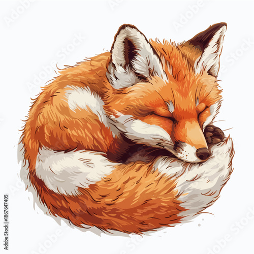 Nature vector illustration of a red fox sleeping curled up, postcard, sticker