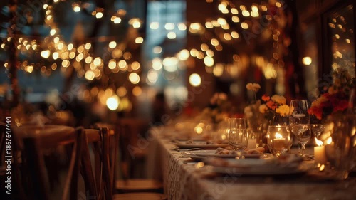 Elegant restaurant table setting with wine glasses and candles at night, warm bokeh lights and shallow depth of field
