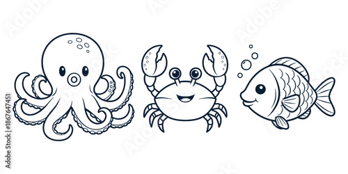 Cute Sea Animals Set Coloring Page with Octopus Crab and Fish