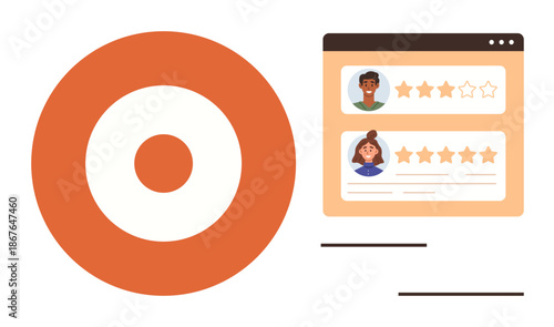 User experience, customer feedback, performance evaluation, online ratings, business reviews, satisfaction. A web interface displaying user ratings and profiles alongside a target symbol. User
