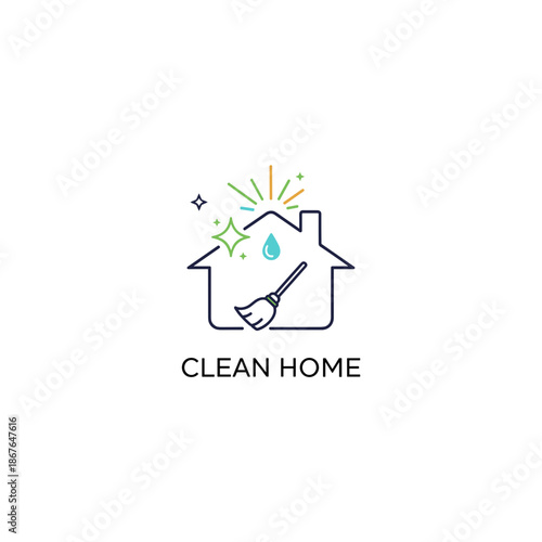 minimal clean home logo symbol with house outline and broom for cleaning service websites, domestic maintenance blogs and business cards, with copy space