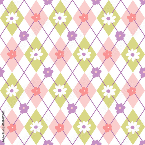 Spring Flowers Argyle Seamless Pattern, pastel color