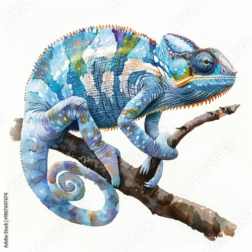 Natural vector illustration of a chameleon on a branch, postcard, sticker
