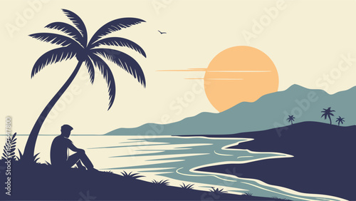 Tropical Sunset Solitude Silhouette Man Relaxing Under Palm Tree by Ocean Shore for Travel Vacation Website Background (147 characters)