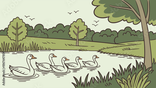 Five White Geese Swimming Calmly on Pond in Lush Green Countryside Landscape for Nature Education or Children's Book Illustration