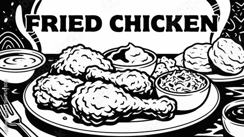 Black and white vector illustration of crispy fried chicken served with side dishes, representing Southern American comfort food in clean line style