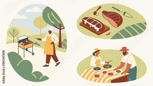 Outdoor Summer Barbecue Grilling Food Preparation Happy Family Cooking Meat Steaks For Holiday Cookout Season Web Design Illustration