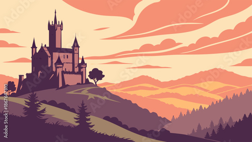 Majestic Castle Silhouette on Hill at Sunset for Fantasy Game Design Medieval History Website Background Epic Adventure Visuals