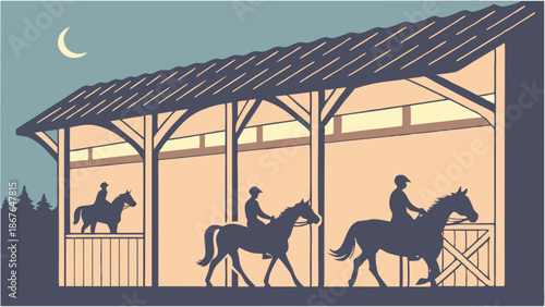 Equestrian Riders Leaving Rustic Horse Stable at Dusk for Evening Ride Adventure and Country Lifestyle Illustration