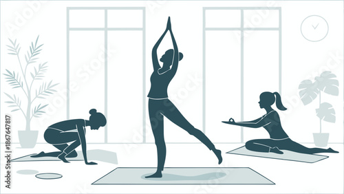 Three Women Practicing Diverse Yoga Poses Indoors for Wellness Websites and Health App Promotion
