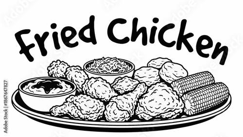 Black and white vector illustration of crispy fried chicken served with side dishes, representing Southern American comfort food in clean line style