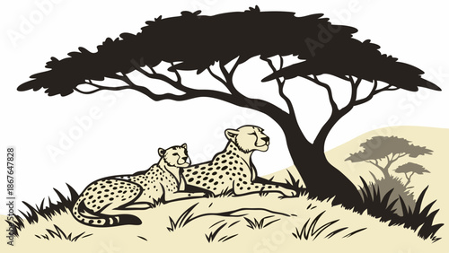 Serene Cheetah Mother and Cub Resting Under Acacia Tree Shade African Safari Wildlife Illustration for Nature Websites