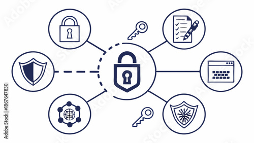 Cybersecurity Network Protection Diagram with Central Lock Icon for Data Security and Digital Privacy Compliance