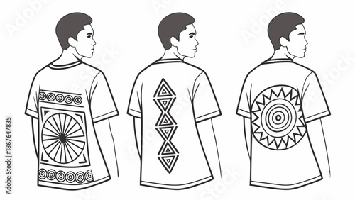 Men Modeling T-Shirts with Bold Geometric Tribal Sun Patterns for Apparel Design Mockups