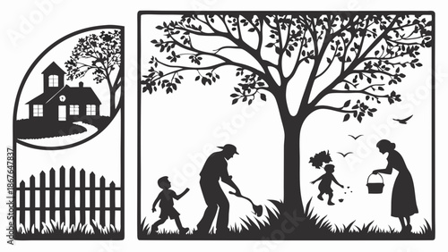 Family Gardening Together Outdoors Near House Silhouette for Home Lifestyle Website Design or Seasonal Illustration