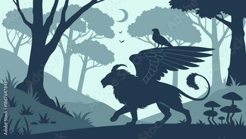 Mystical Griffin Creature Walking Through Dark Forest Silhouette for Fantasy Book Covers Game Design Adventure Web Banners