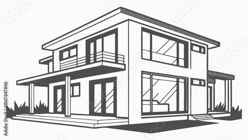 Modern Two Story Home Architecture Exterior Drawing for Real Estate Brochures and Luxury Property Design Projects