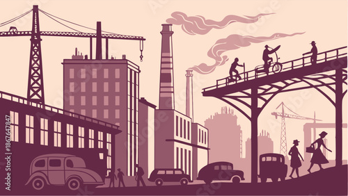 Vintage Industrial Cityscape with Factory Smoke and Elevated Commuters for Urban Development History Design