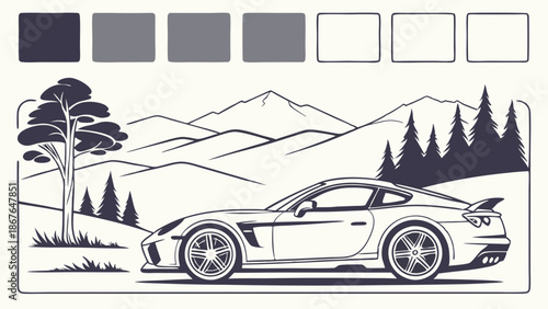 Sportscar Driving Mountain Road Trip Adventure Coloring Page Template for Automotive Enthusiast Web Design and Print Projects