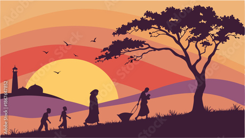 Silhouette Family Migrating Toward Lighthouse Sunset Journey Hope Rural Migration Refugee Crisis Web Design Illustration