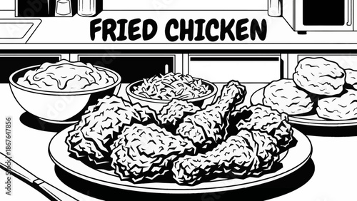 Black and white vector illustration of crispy fried chicken served with side dishes, representing Southern American comfort food in clean line style